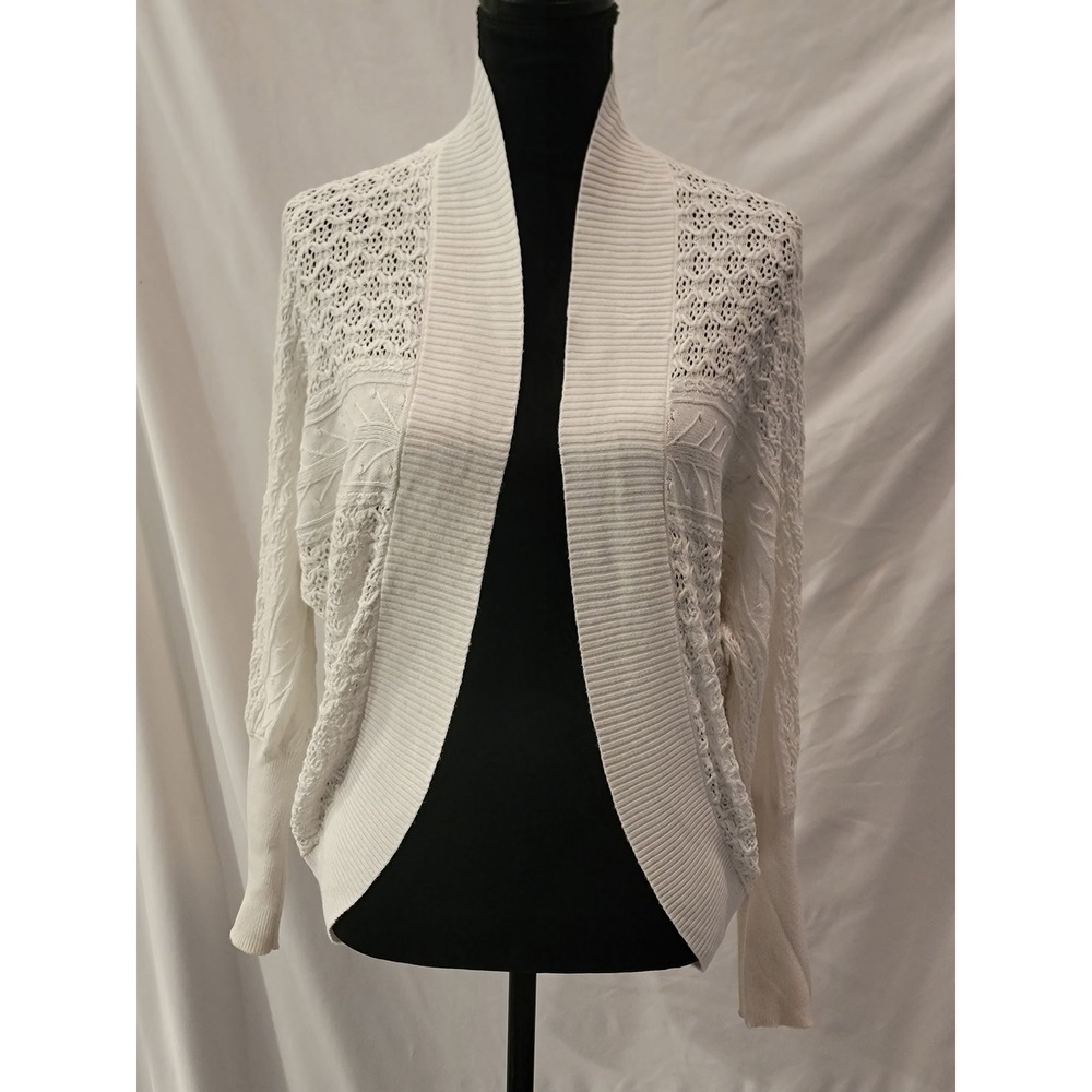 Anne Klein Womens XXS White Pointelle Cable Knit Open Front Cardigan Sweater